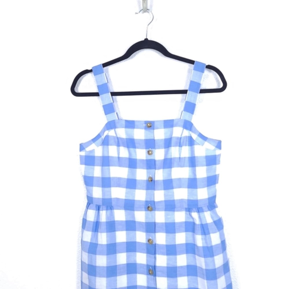 J.CREW Factory Gingham Button Front Linen Blend Mini Blue Dress - Picture 4 of 13